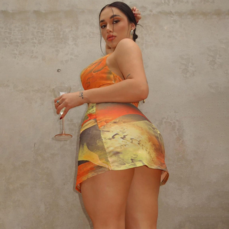 Sunset Drape Halter Ruched Mini Dress