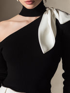 One-Shoulder Knit Top With Contrast Bow Detail