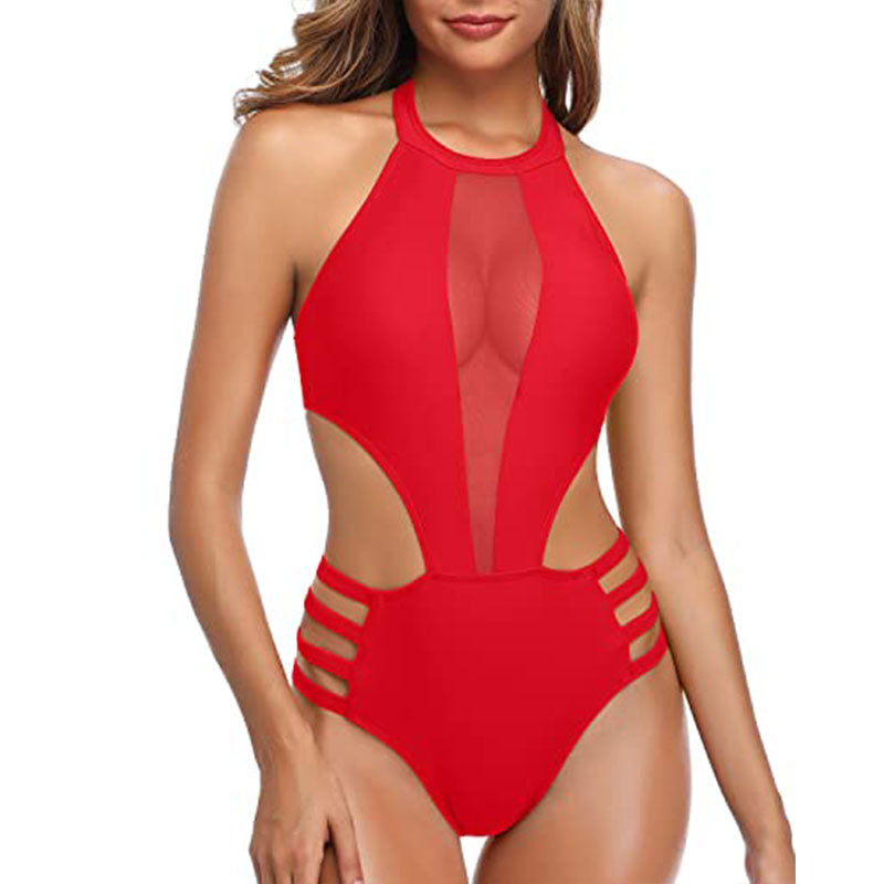 Mesh-paneled cutout halter-neck one-piece swimsuit