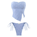 Simple pleated strapless tie-up two-piece swimsuit