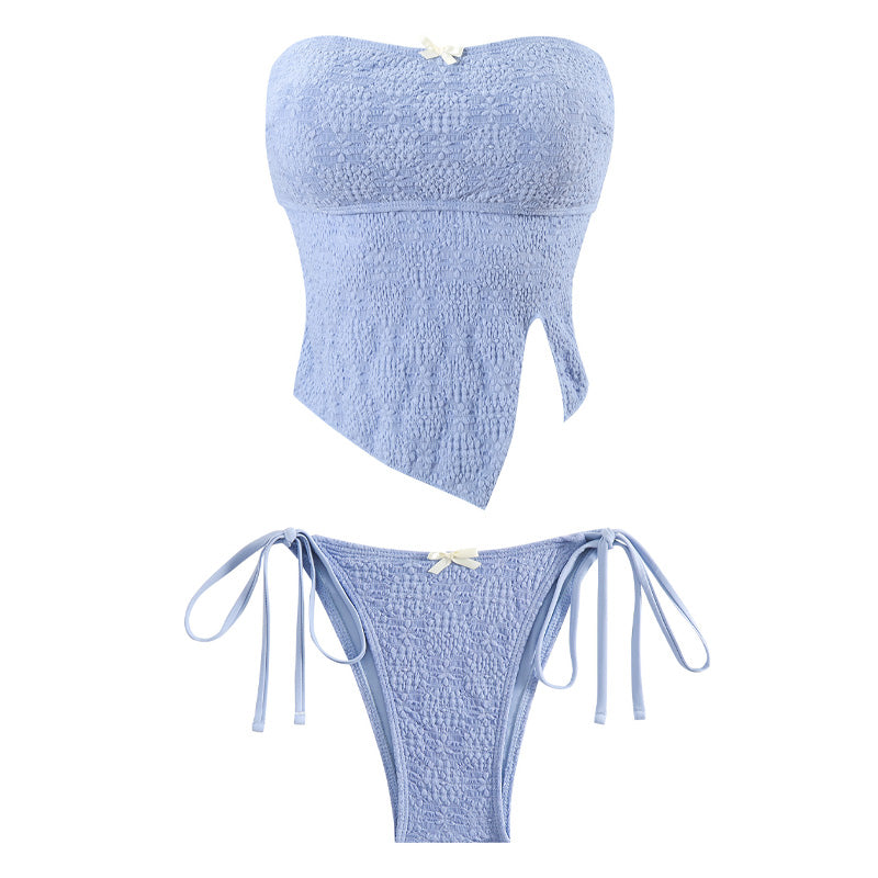 Simple pleated strapless tie-up two-piece swimsuit