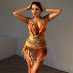 Sunset Drape Halter Ruched Mini Dress