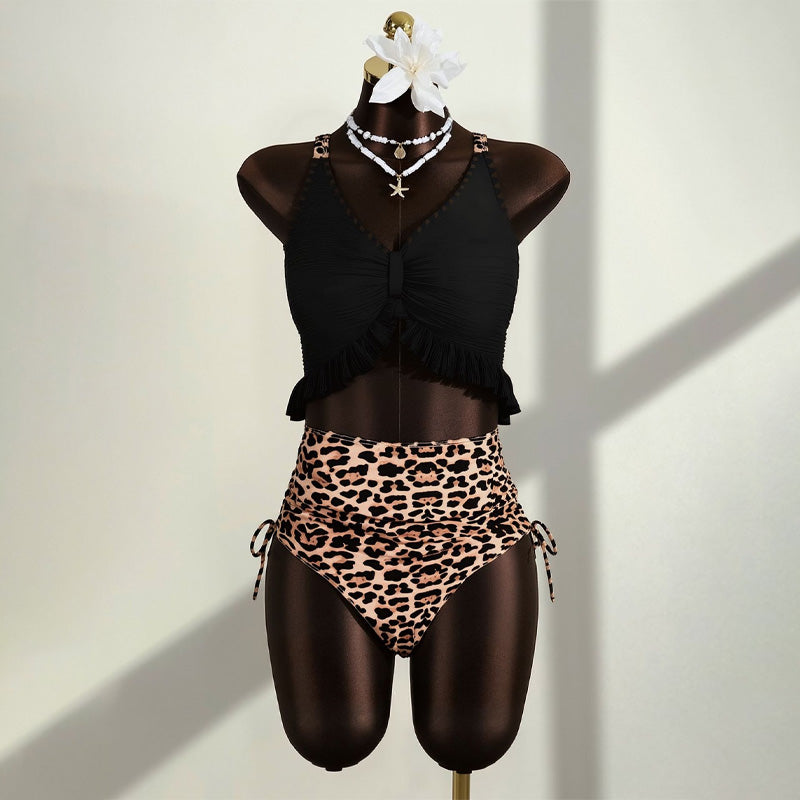 V-neck, ruffled, high-waisted leopard print one-piece swimsuit