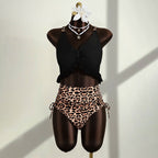 V-neck, ruffled, high-waisted leopard print one-piece swimsuit