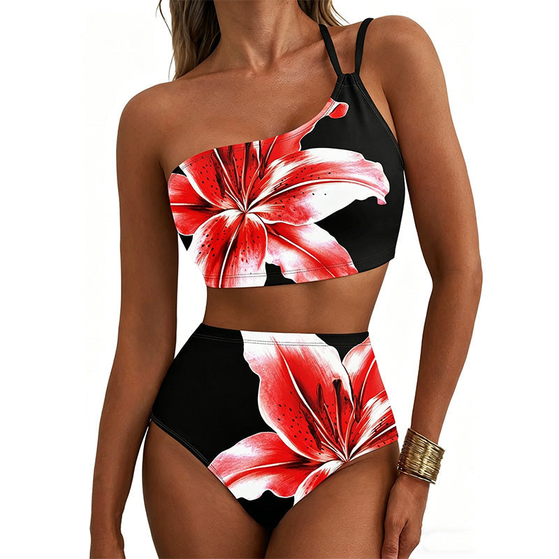 Retro floral one-shoulder high-waisted bikini set