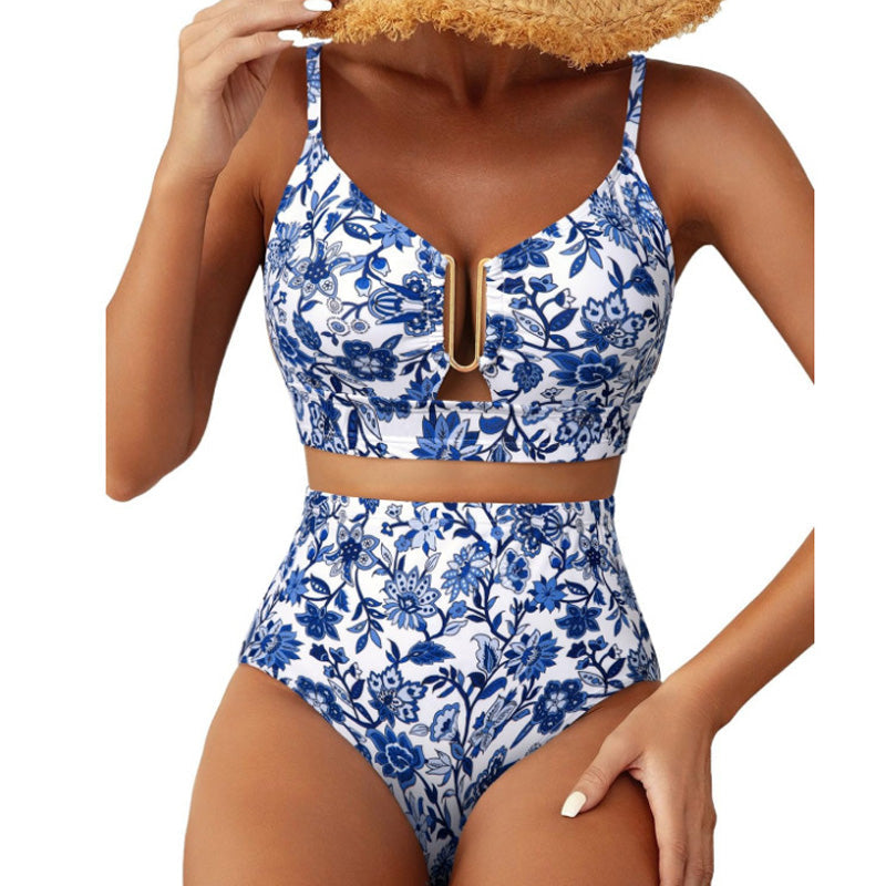 Retro U-Neck Printed High-Waisted Bikini