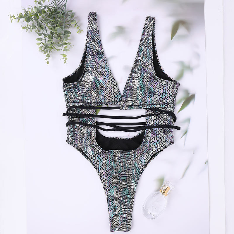 Deep V-neck backless snakeskin one-piece swimsuit