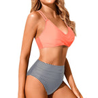 Retro Striped High-Waisted Bikini with Back Ties