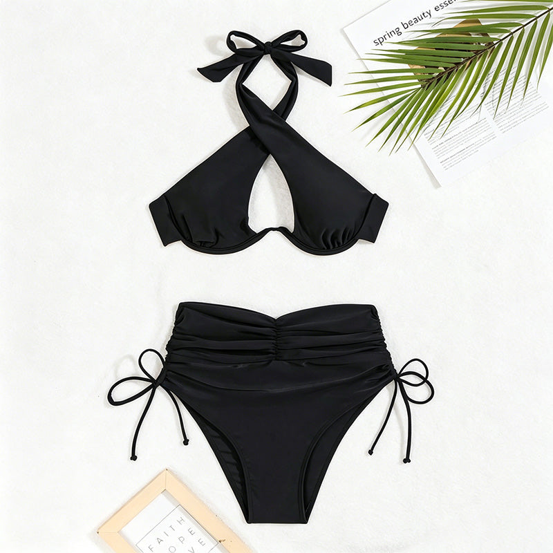 Halter-neck high-waisted bikini set
