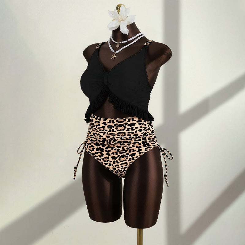 V-neck, ruffled, high-waisted leopard print one-piece swimsuit