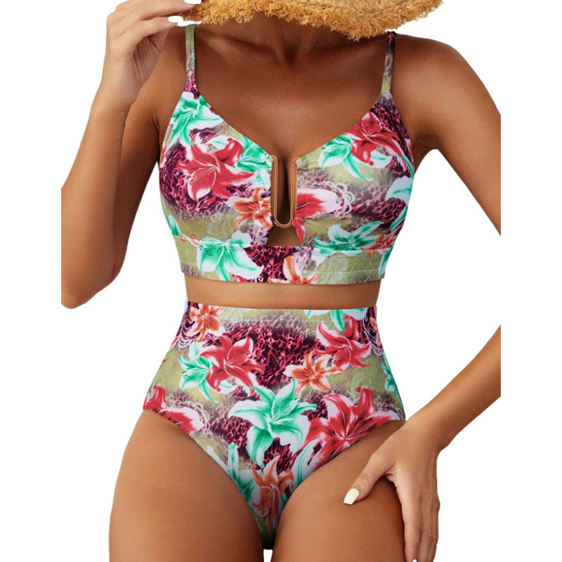 Retro U-Neck Printed High-Waisted Bikini