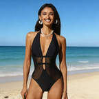 Black mesh halter-neck one-piece swimsuit