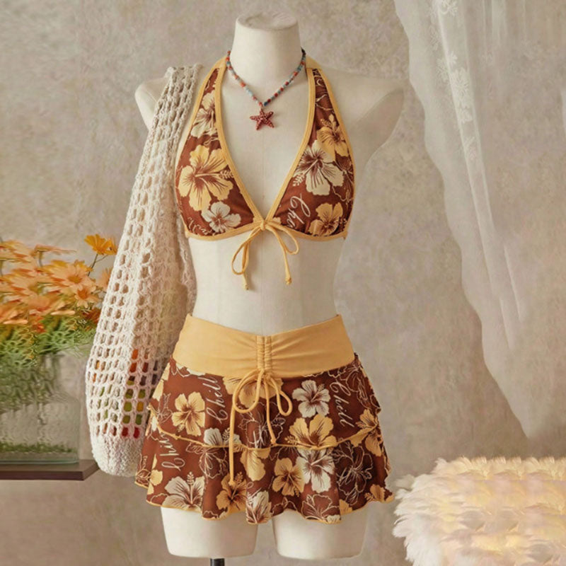 Tropical Print Halter Bikini with Swim Skirt — 3-Piece Set