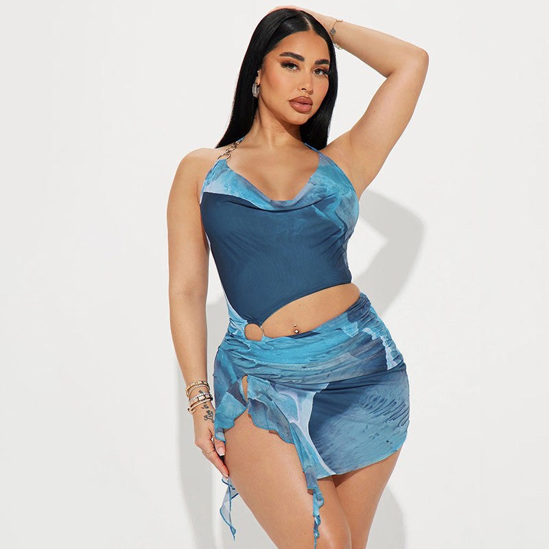 Sunset Drape Halter Ruched Mini Dress