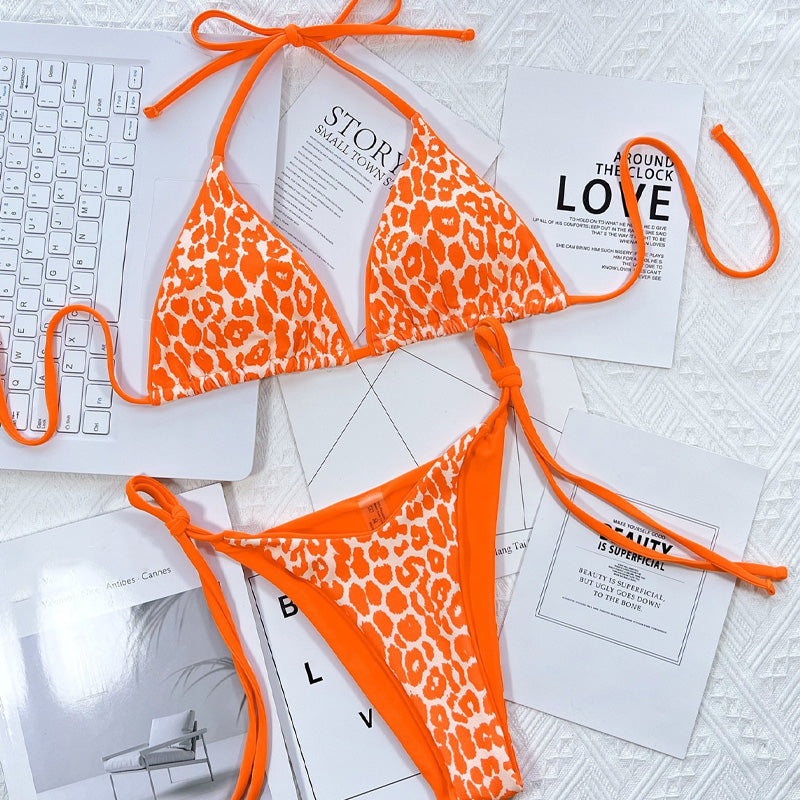 Leopard Print Lace-Up Backless Two-Piece Swimsuit