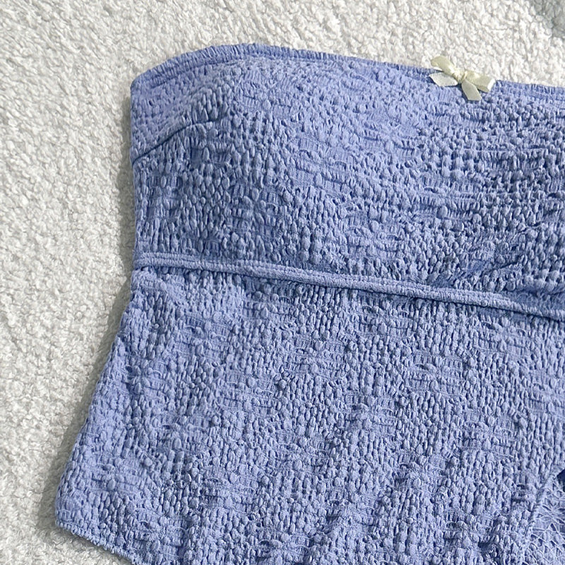 Simple pleated strapless tie-up two-piece swimsuit