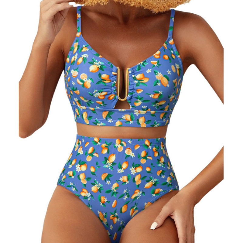 Retro U-Neck Printed High-Waisted Bikini