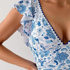 Printed Ruffled V-neck Backless One-Piece Swimsuit