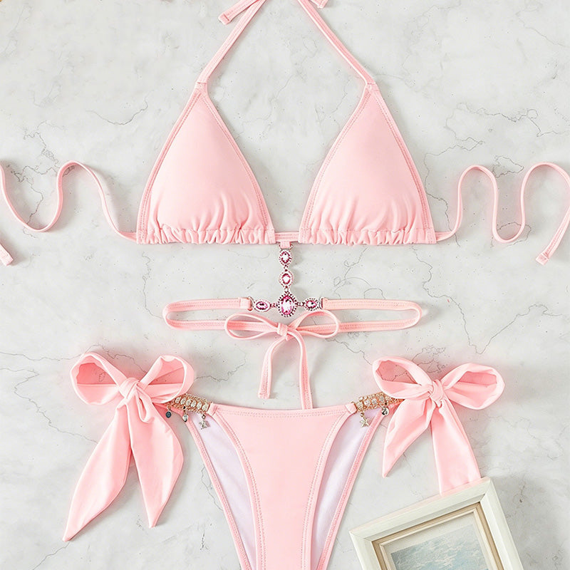 Halter-neck rhinestone strap triangle bikini set