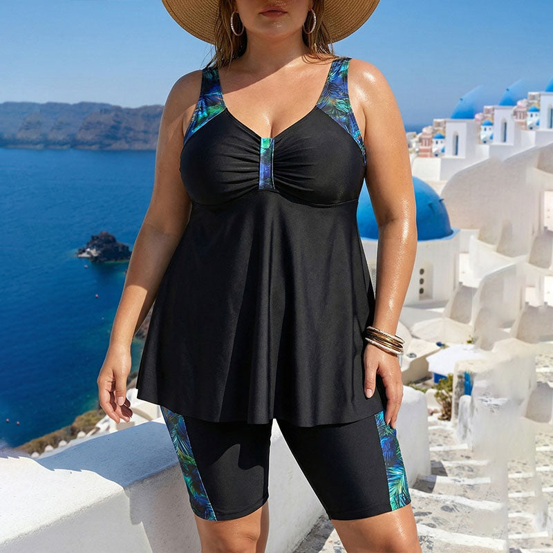 Plus-size V-neck color-block print swimsuit set