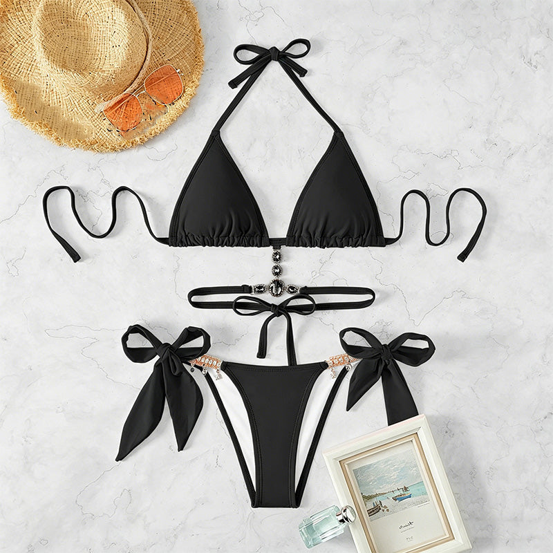 Halter-neck rhinestone strap triangle bikini set