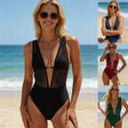Mesh-paneled deep V-neck one-piece swimsuit