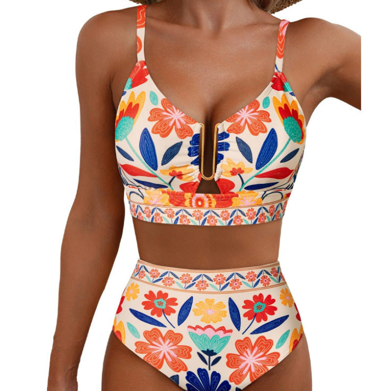 Retro U-Neck Printed High-Waisted Bikini