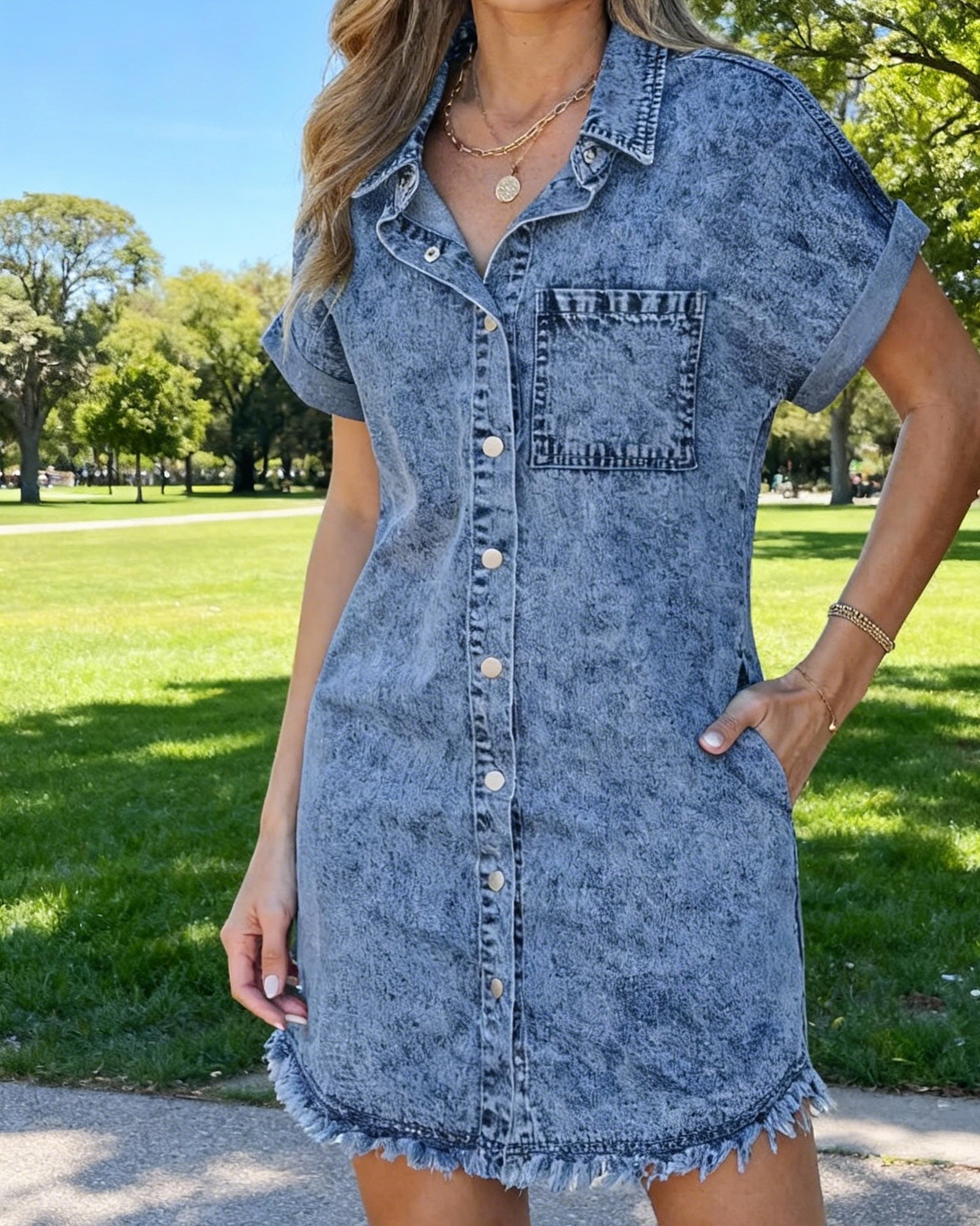 HARPER™ - ELEGANT DENIM MINI SHIRT DRESS