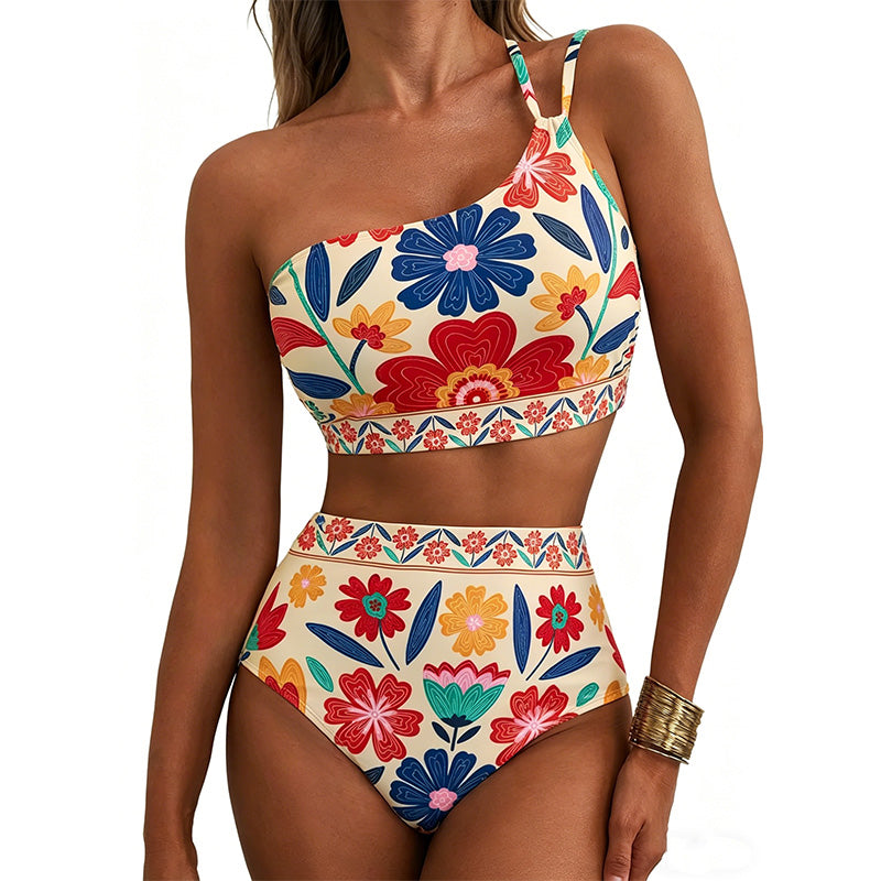 Retro floral one-shoulder high-waisted bikini set