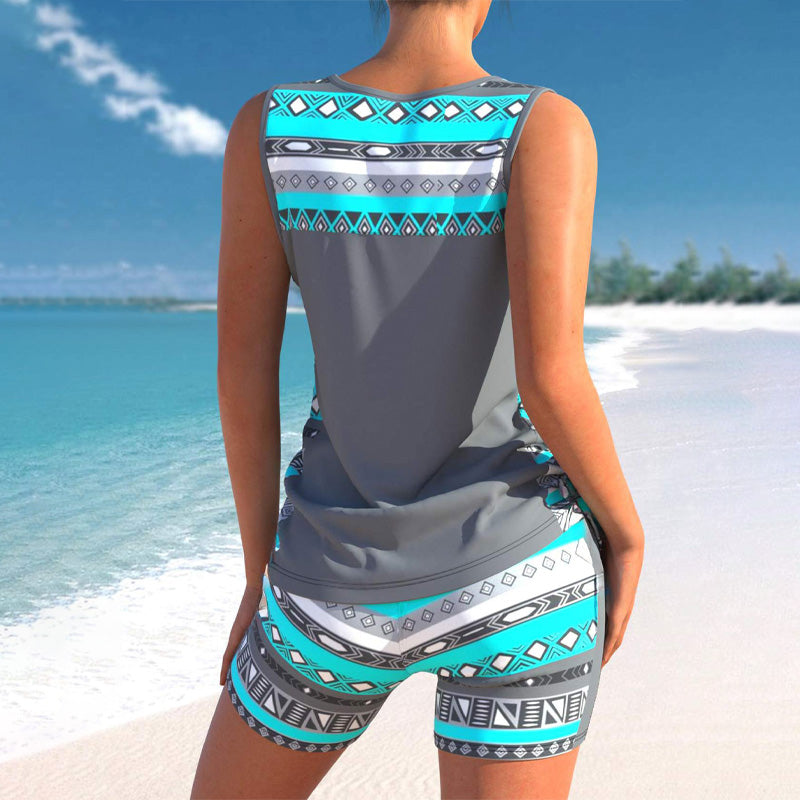 V-neck cross-print swimsuit set