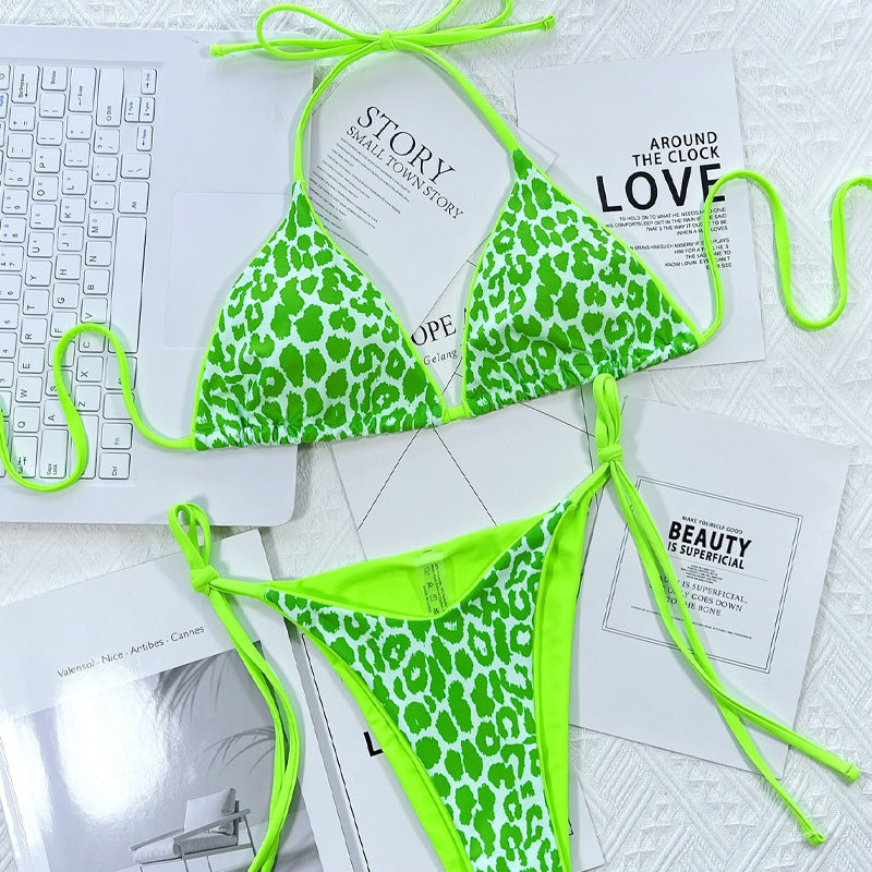 Leopard Print Lace-Up Backless Two-Piece Swimsuit
