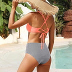 Retro Striped High-Waisted Bikini with Back Ties