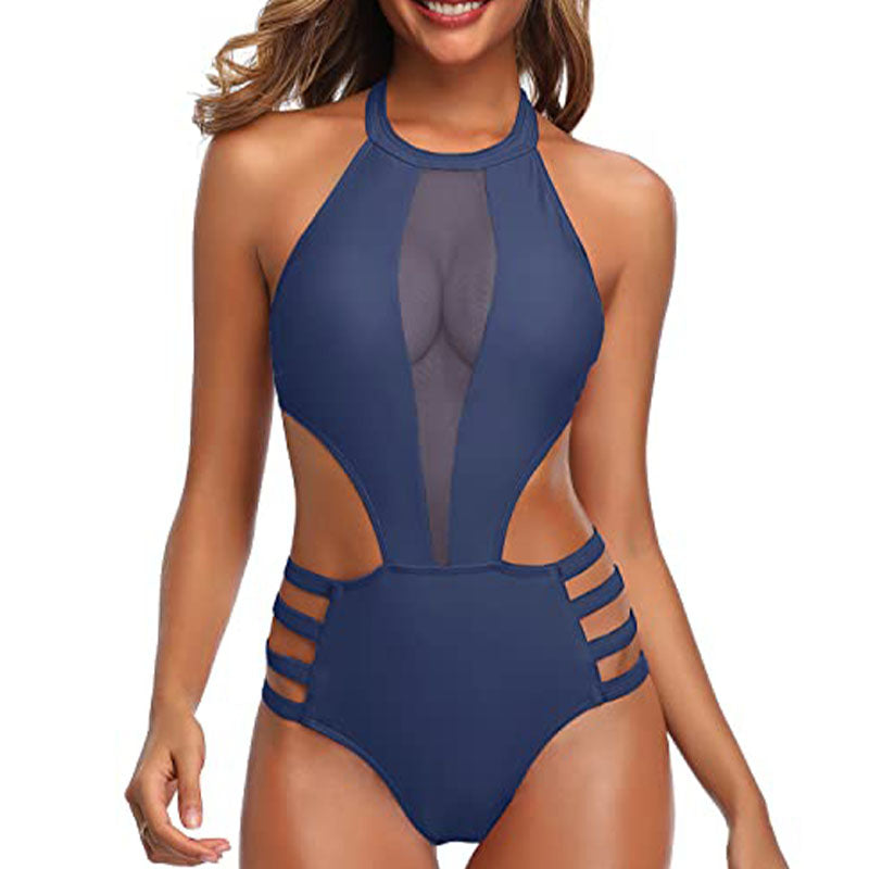 Mesh-paneled cutout halter-neck one-piece swimsuit