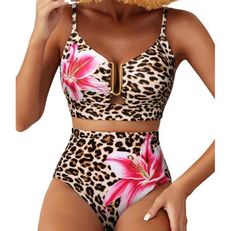Retro U-Neck Printed High-Waisted Bikini