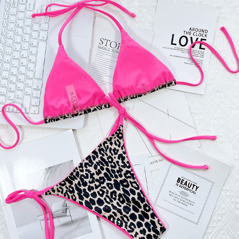 Leopard Print Lace-Up Backless Two-Piece Swimsuit