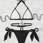 Halter-neck rhinestone strap triangle bikini set