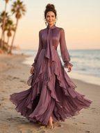 DEMETRIA™ - TIE NECK RUFFLE TIERED MAXI DRESS