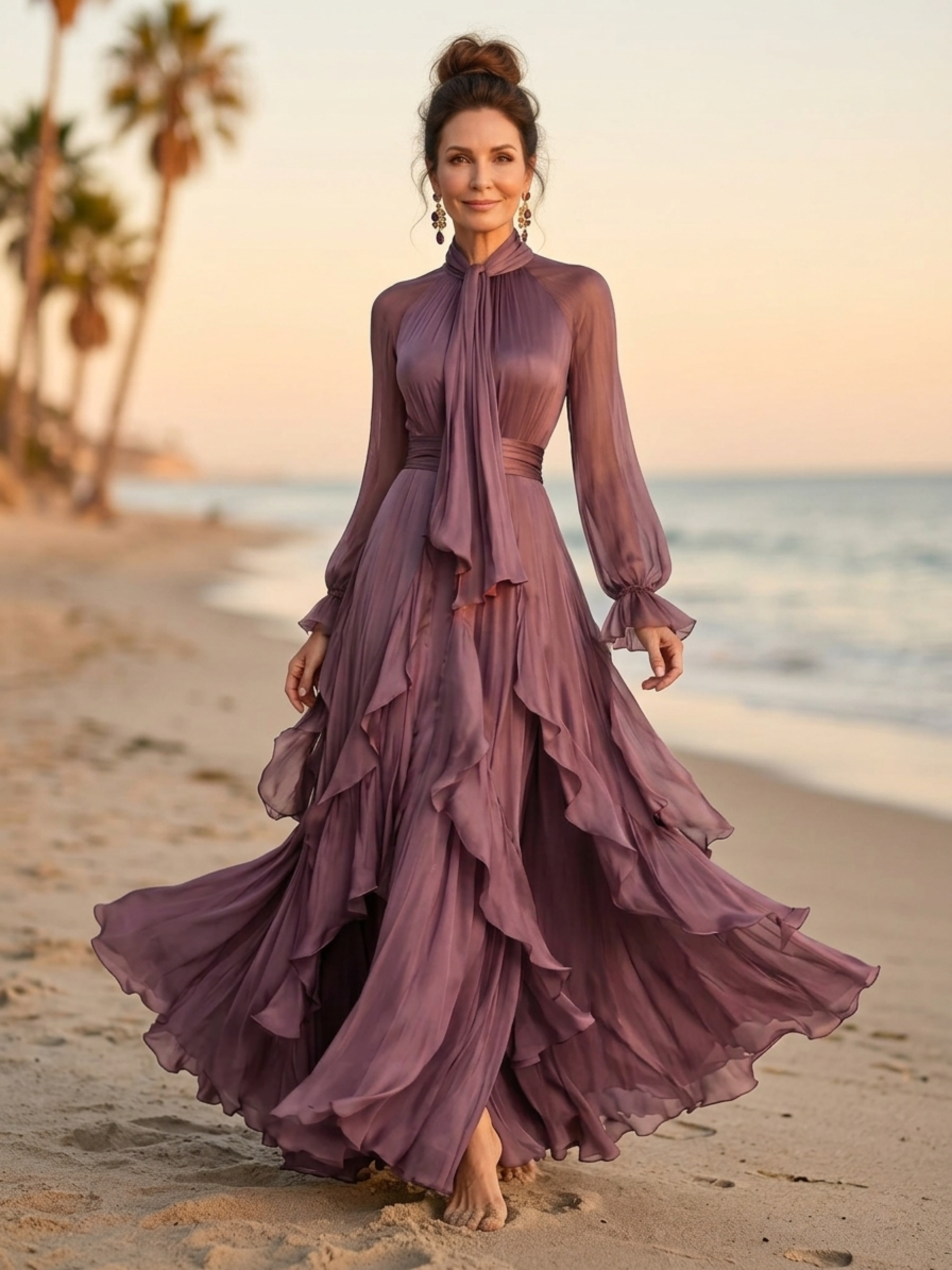 DEMETRIA™ - TIE NECK RUFFLE TIERED MAXI DRESS