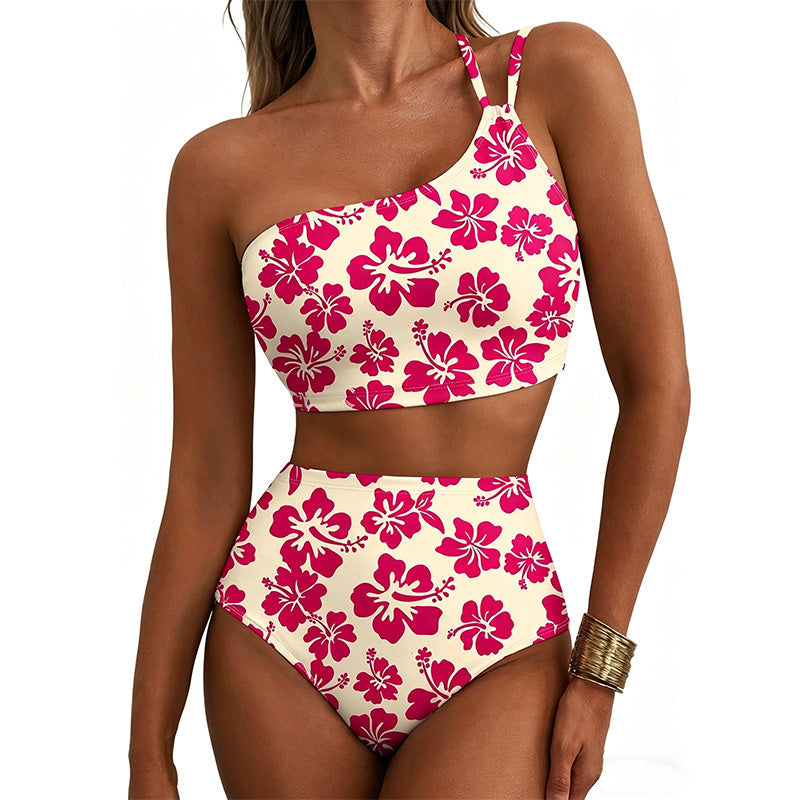Retro floral one-shoulder high-waisted bikini set