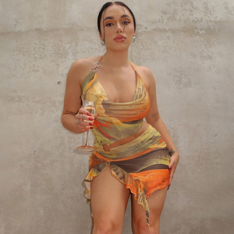 Sunset Drape Halter Ruched Mini Dress