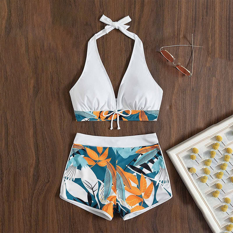 V-neck halter top and printed swim bottom set
