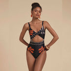 Printed One Piece Swimsuit with Sheer Cover Up Pants Set