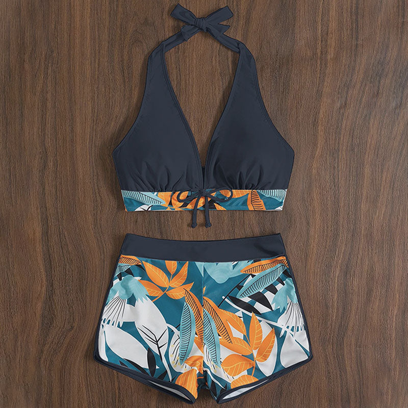 V-neck halter top and printed swim bottom set