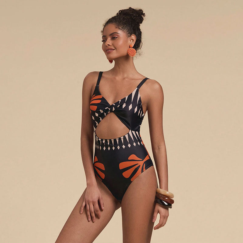Printed One Piece Swimsuit with Sheer Cover Up Pants Set