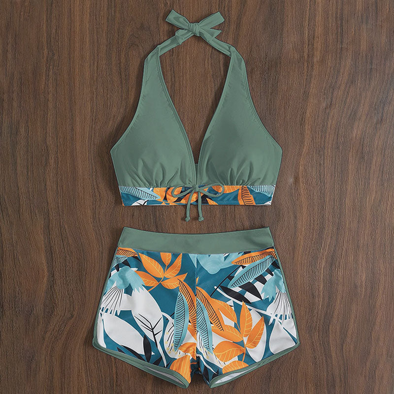 V-neck halter top and printed swim bottom set