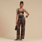 Printed One Piece Swimsuit with Sheer Cover Up Pants Set