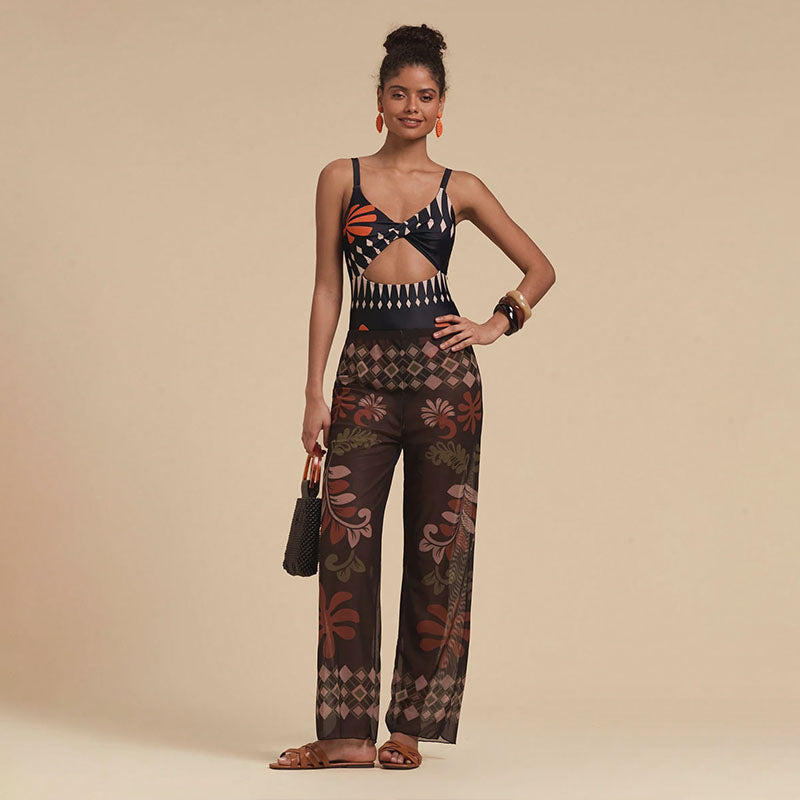 Printed One Piece Swimsuit with Sheer Cover Up Pants Set