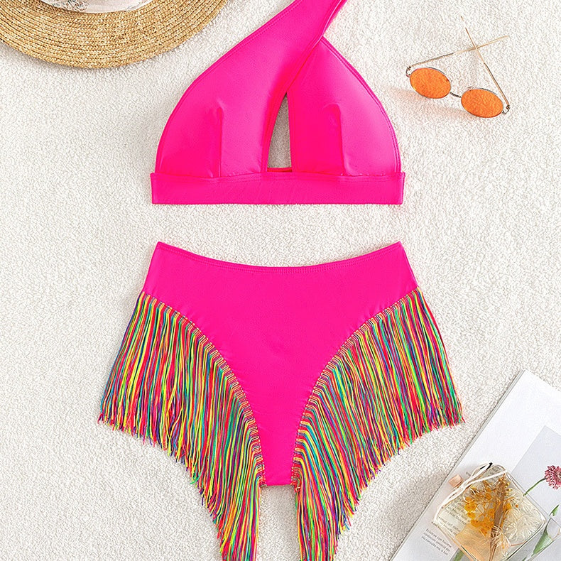 Rainbow Fringe One-Shoulder High-Waist Bikini