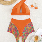 Rainbow Fringe One-Shoulder High-Waist Bikini