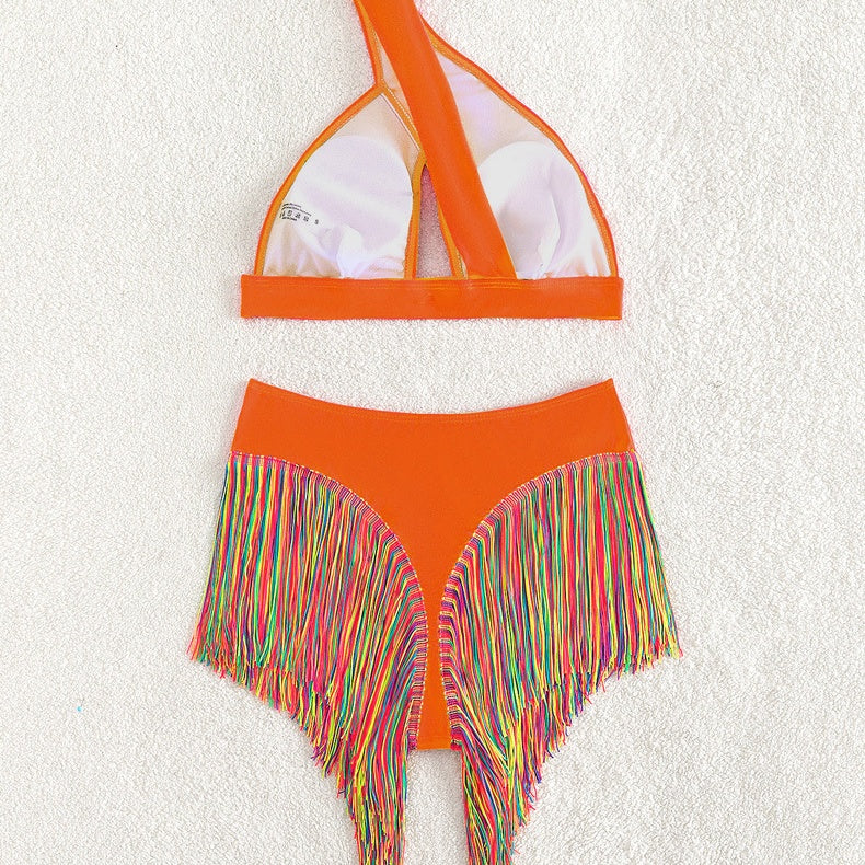 Rainbow Fringe One-Shoulder High-Waist Bikini